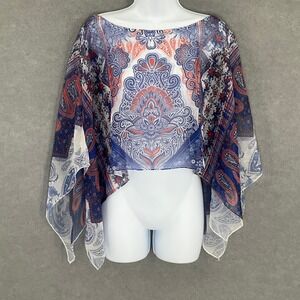 Live and Let Live XL Sheer Paisley Floral Red Blue Kimono Top Cropped Flowy‎